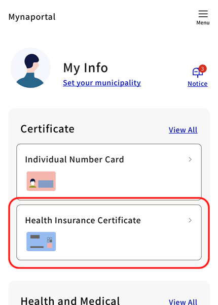 Select 'Certificates' > 'Health Insurance Certificate' from the home screen.